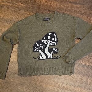 Almost Famous Olive Sweater with Mushroom Motif Size S